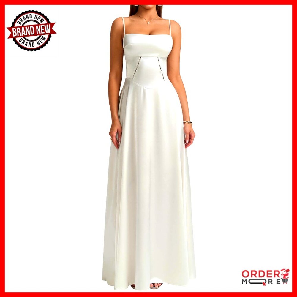 Satin Maxi Dress Spaghetti Strap Lace Up Formal Evening Prom Elegant